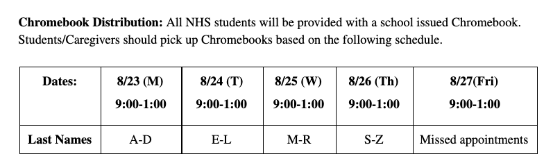 High School Chromebook pickup Schedule