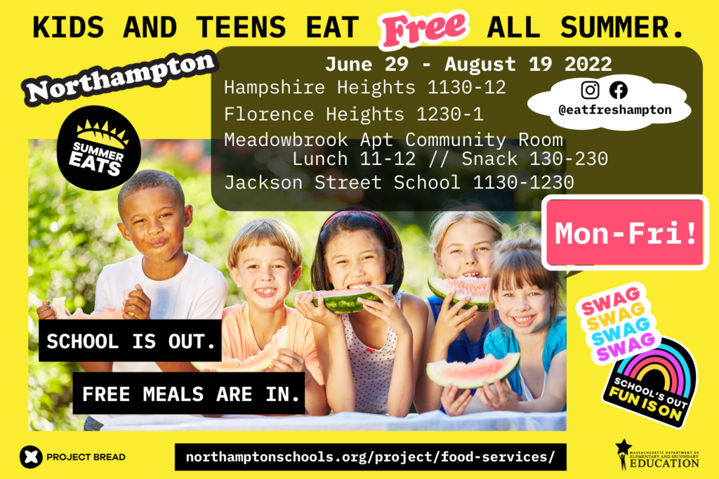 Eat free this summer from June 29-Aug 19th from 11:30-12:30 at apartment complexes in Northampton