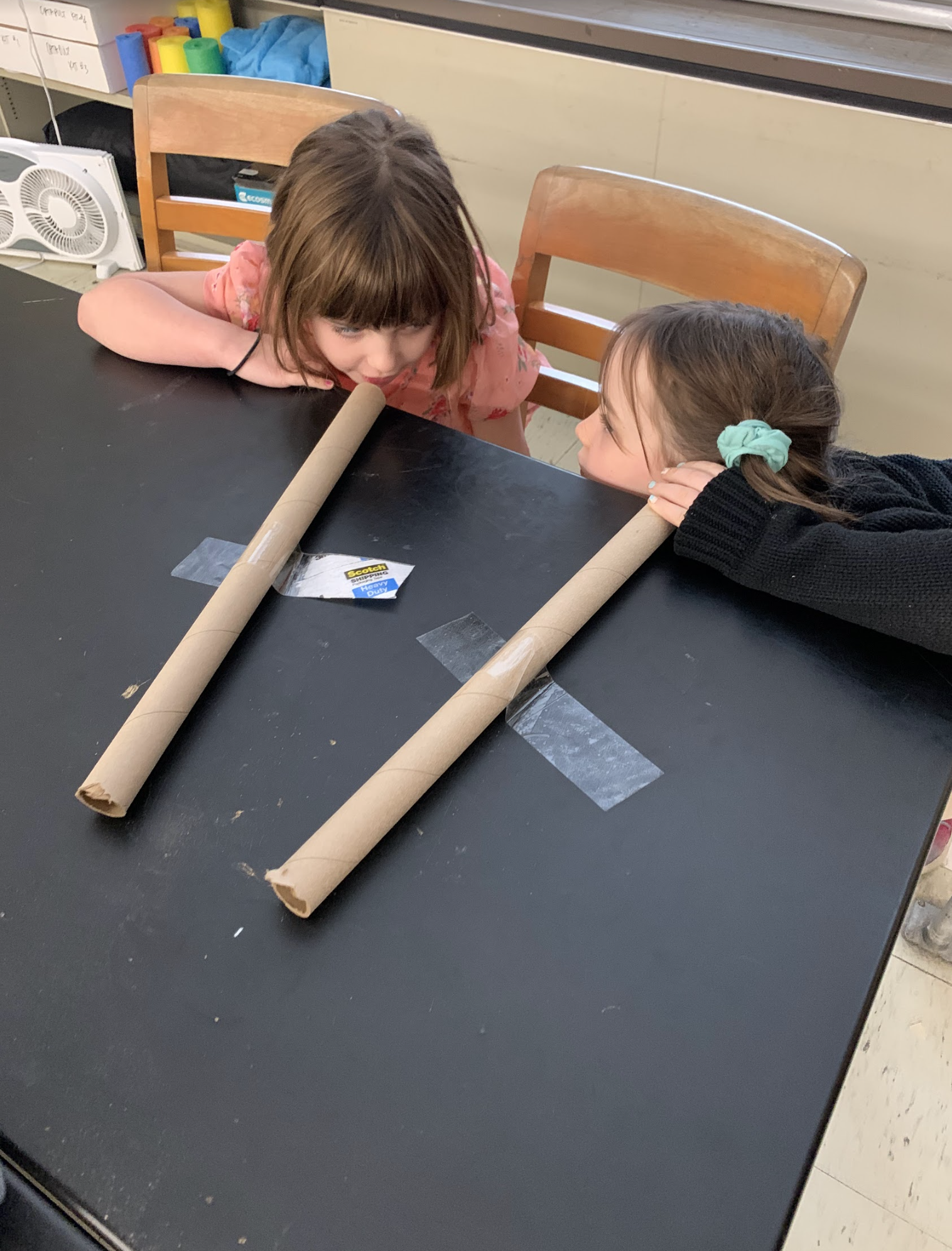 Photo of two little girls talking into and listening in a papertowel tube.